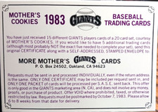 1983 Mothers Cookies S.F. Giants Expired Redemption Additional Cards Free Rtns