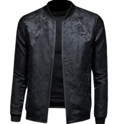 Men Floral Embroidery  Baseball Long sleeve Stand Collar Jacket Slim Outwear