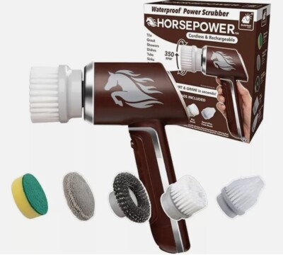 Horsepower Scrubber, Waterproof, Electric Power, Spins 350 RPM, 5 Brush Heads.
