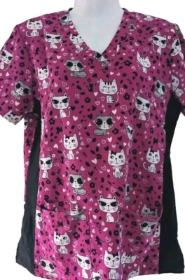 DEVINE STRETCH by JDM Woman's Short Sleeve Cat Themed Scrub Top - Size S
