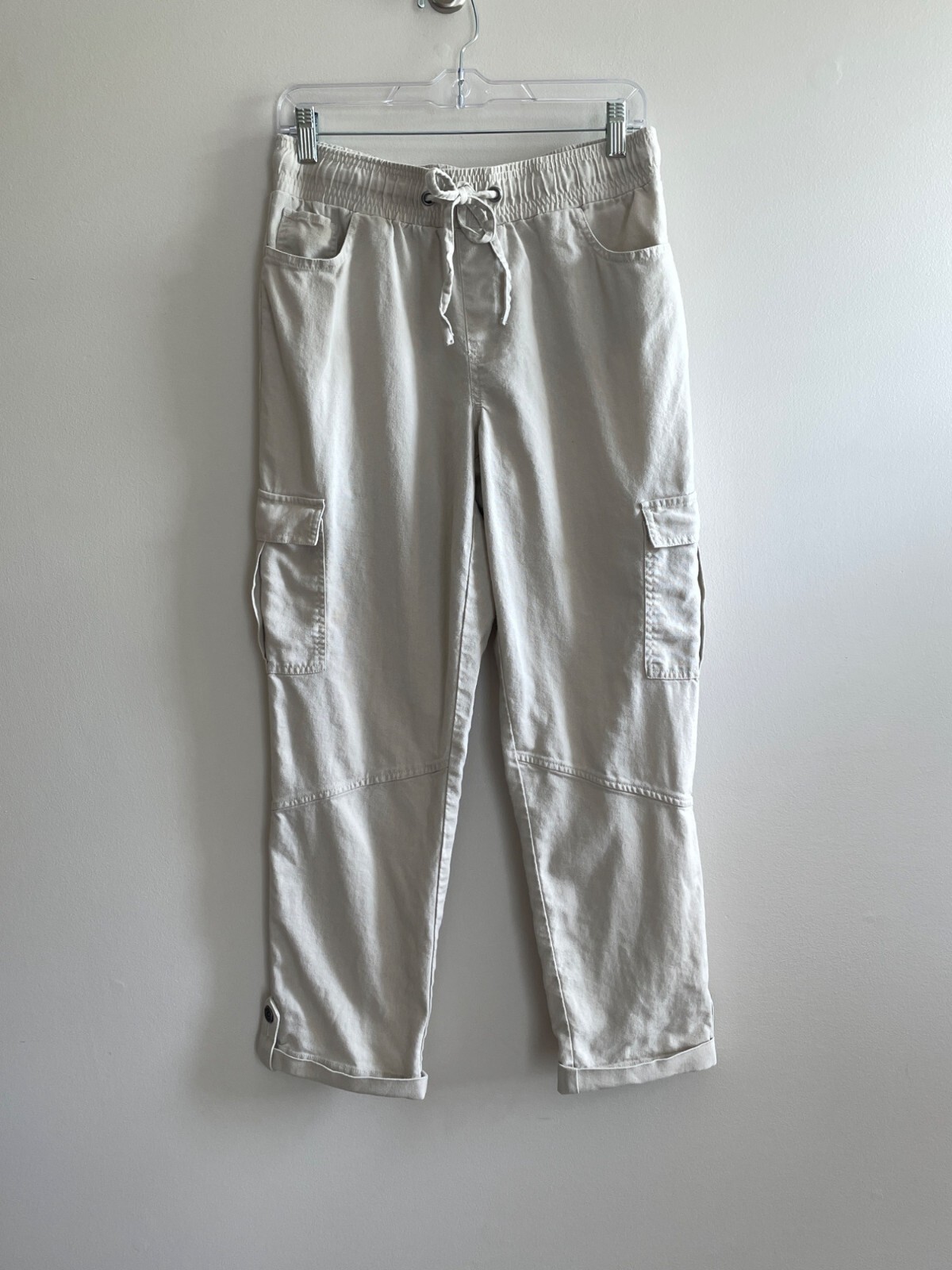 Rewash Linen Cuffed Cargo Pants Womens M Beige Elastic Waist Pockets
