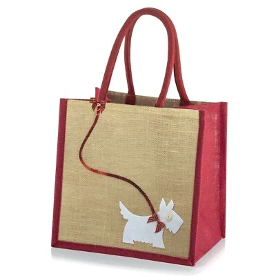 COOCOO Medium Jute Hessian Red Trim Shopping Bag Shopper - White Scottie Dog on a Lead