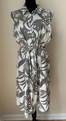 Laura Bianchi Linen Shirt Dress Sleeveless Palm Leaves Button Down Belted  Large | eBay