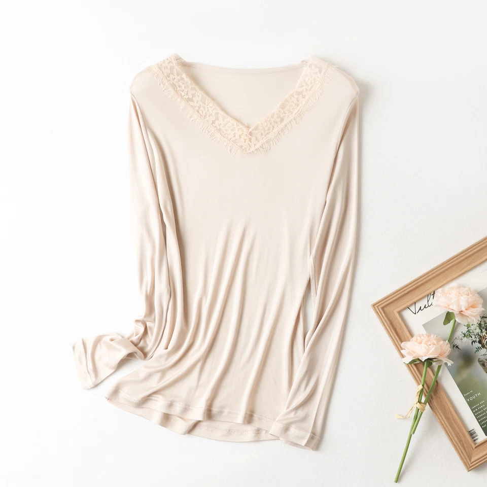 Mujeres Morera Seda Térmica Top Encaje Cuello en V Base Camisas Manga Larga Foto 4 de 4