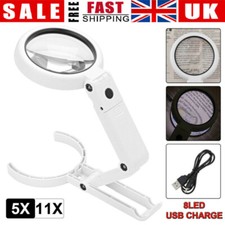 Handheld 5/11X Magnifier Reading Magnifying Glass Jewelry Loupe With 8 LED Light