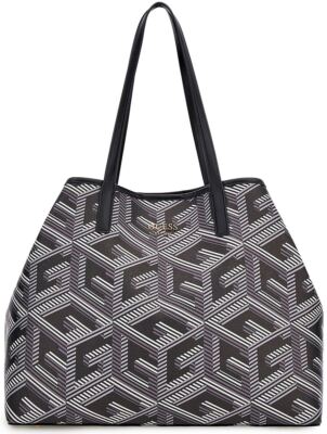 Guess Vikky G Cube Logo Shopper Hand Bag In Black Silver