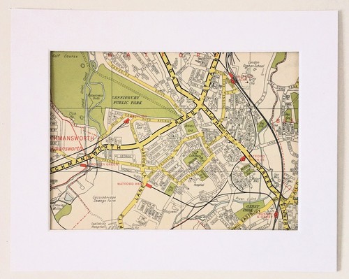 Antique 1960s London Map - Mounted - WATFORD, BUSHEY