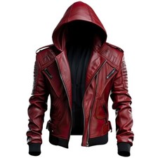 New Handmade Ox Blood Red Stylish Hooded Leather Jacket Formal Wear For Mens