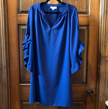 Nine West W Royal Blue Solid V-Neck 3/4 Ruffle Sleeve Shift Dress 12 Work Casual