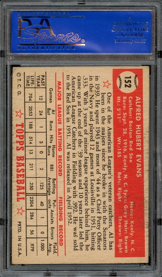 BB - 1952 Topps - #152 - Al Evans - PSA 5 - EX - Image 2 of 2
