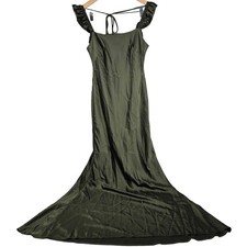 Social Bridesmaids Olive Green Satin Ruffle Flutter Sleeve Maxi Dress XS 8219