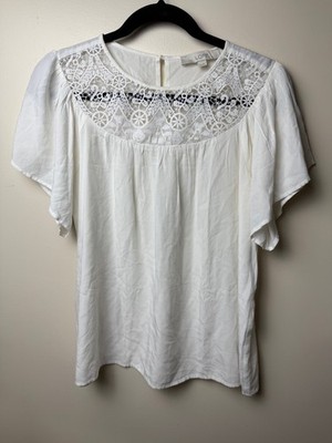 Loft Crochet Tee Top Womens XS White Business Casual Soft Blouse Cottage Boho
