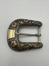 1” Chet Vogt Sterling Silver 14k Gold Fill Ruby Floral Filigree Belt Buckle 43g