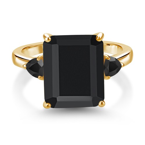 18K Yellow Gold Plated Silver Onyx Ring For Women (6.01 Cttw, Emerald Cut - Picture 2 of 3