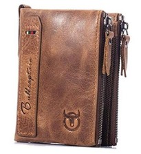 Genuine Leather Wallet for Men Vintage Bifold with Double Zipper Pockets Brown
