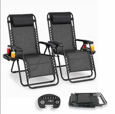 Image of Zero Gravity Garden Chairs Set of 2 Reclining Folding Sun Loungers Cup Holder