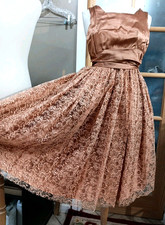 Vintage 60s 70s Tea Dress Satin Lace Overlay Fit Flare Bronze Attached Sash