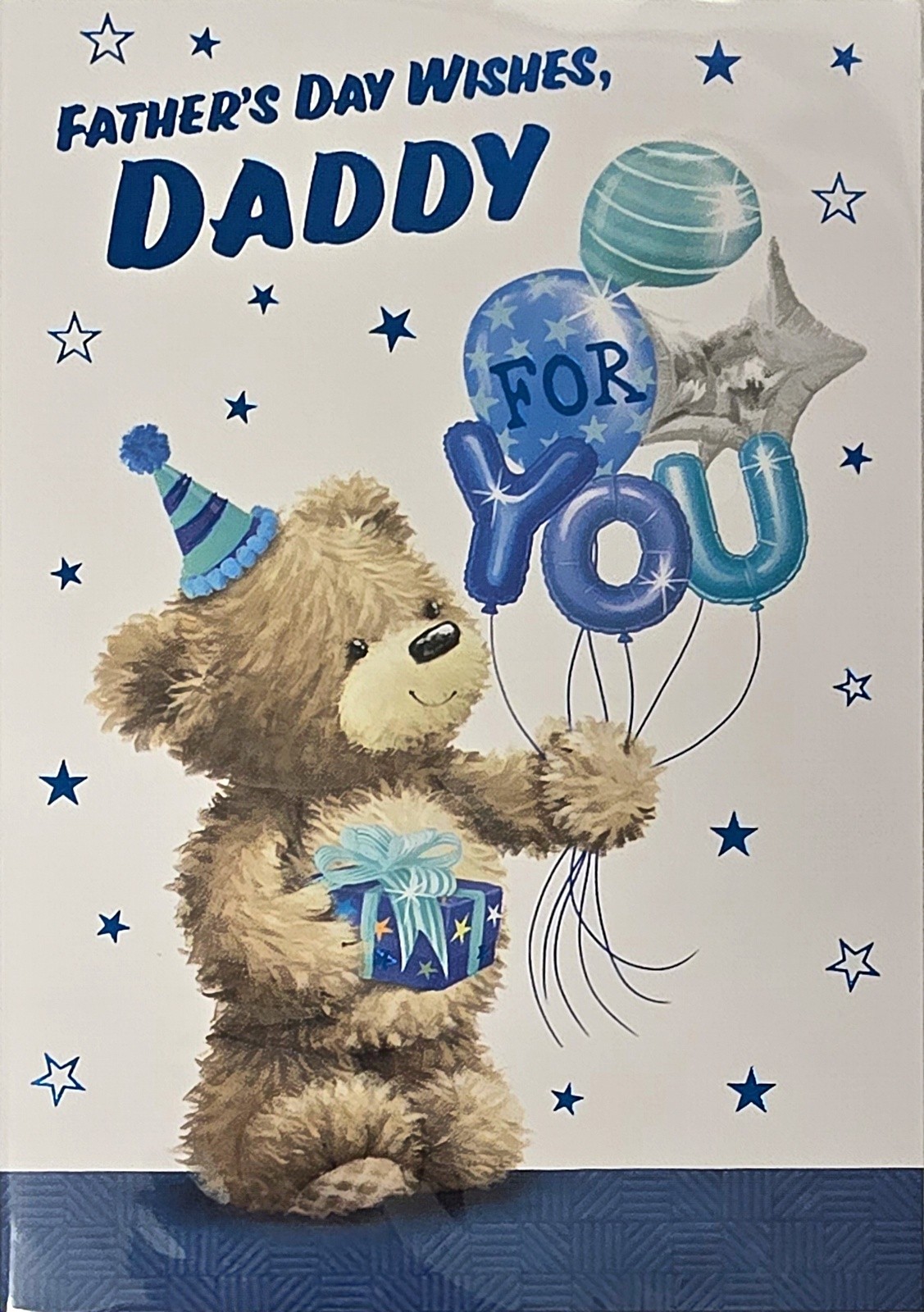 Happy Father's Day Card Daddy Cute Bear with Balloons Blue Foil