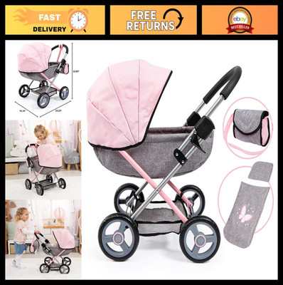 Pink Baby Doll Stroller Toy Set for 18'' Dolls - Foldable Pram with Bag, Pillow &