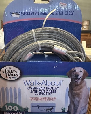 Four Paws Walk-About Overhead Trolley Dog Tie-Out Cable 100 Ft Heavy Weight New