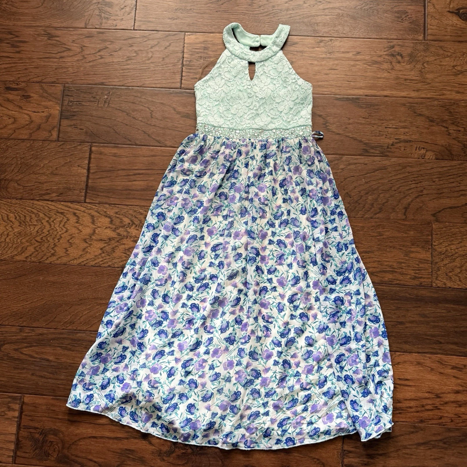 Speechless Kids Girl's Size 10 Keyhole Neckline Maxi Teal Floral Formal Dress