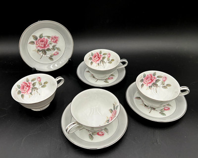 Vintage Arlington Noritake Porcelain Coffee Tea Cups & Saucers Pink Floral 4 set
