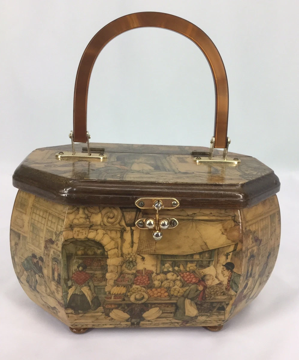 Vintage 1970 s Anton Pieck Decoupage Wooden Handbag Signed By Lucille Morton