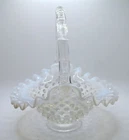 Vintage Fenton opalescent French moonglow hobnail glass basket 7" high