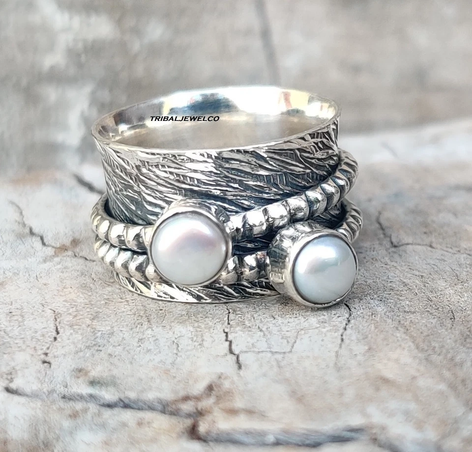 925 Sterling Silver Pearl Spinner Ring Handmade Ring Gemstone Ring Gift For her - Image 3 of 4