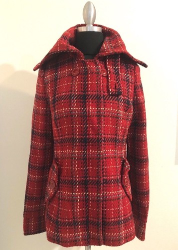 Red Plaid Wool Blend Coat Jacket Sz 