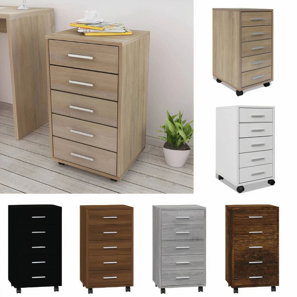 Modern Wooden Office Rolling File Filing Storage Cabinet With 5 Drawers Wheels