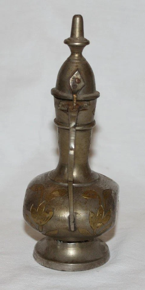 Vintage Etched Brass Ewer Teapot Genie Oil Pitcher Hinged Lid Made in India 6" - Image 3 of 4