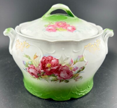 Large Antique Porcelain Sugar Dish Roses w/Gold Accents