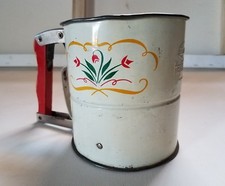 Antique ANDROCK HAND-I-SIFT FLOUR SIFTER Red Wooden Handle 3 Screens U.S. of A.