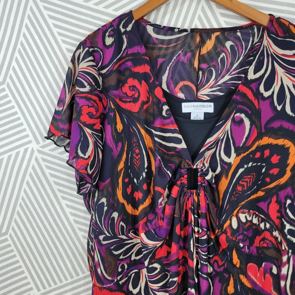 Sag Harbor Floral Mesh Dress Plus size 1X Cottagecore Layered Bright Stretch - Image 4 of 4