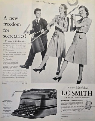 L C Smith Typewriters Spirit Secretaries Fife & Drum Vintage Print Ad 1940