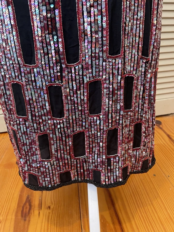 VTG Papell Boutique Evening Dress 4 Y2K Sequin Geometric 100% Silk Gown - Image 4 of 4