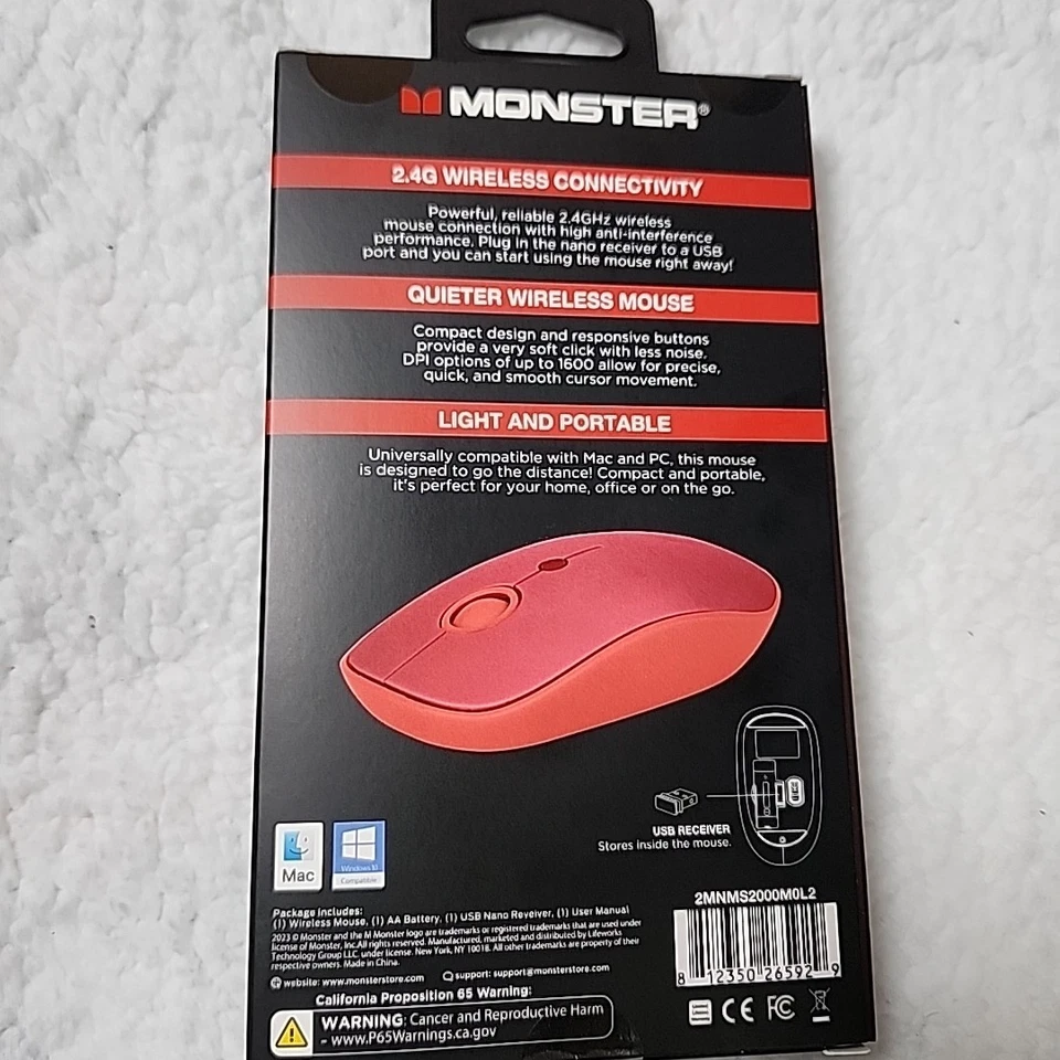 Monster Wireless Mouse Silent Clicks Compact Light Portable 2.4G Pink Orange - Image 4 of 4