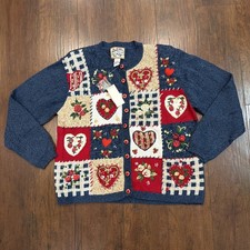 Heirloom Collectibles Vintage Heart Patchwork Cardigan Sweater Boho Cottage Sz L