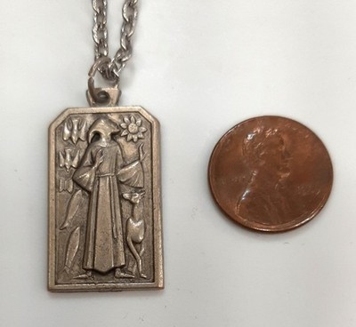 Handsome Stylize 1970's Vintage St. Francis of Assisi Silvertn Medal Necklace