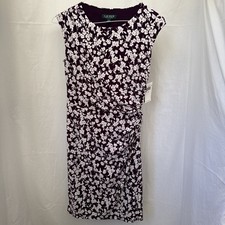 Ralph Lauren Floral Dress Stretchy Ruched Side Women’s 6 Purple Round Neck