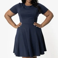 NWT Unique Vintage 1X Navy Blue Knit Retro Short Sleeve Flare Margot Dress