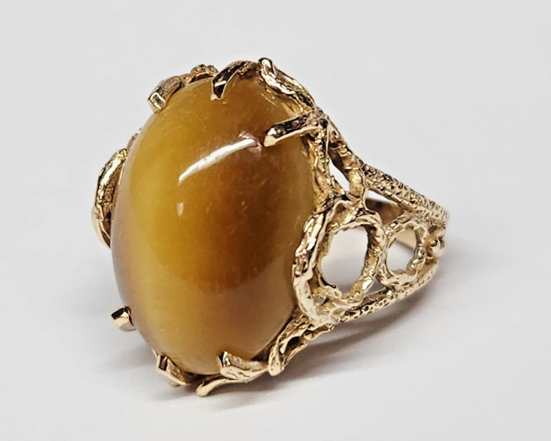 STATEMENT 9.6k Gold BRUTALIST Cat's Eye Quartz Cabochon Ring Sz 7.50
