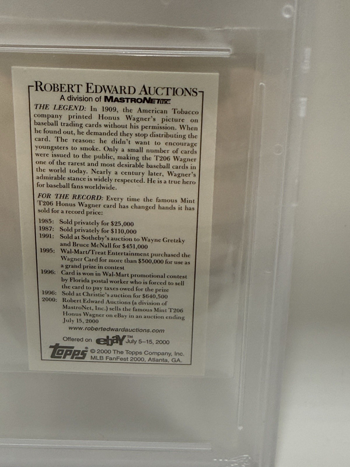 Honus Wagner 2000 Topps MLB Fanfest T-206 Reprint Card- WCG Graded 10 Gem Mint view 3