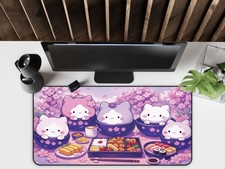 Kawaii Cat Sakura Desk Mat, Cute Cat Bento Desk Mat, Cherry Blossom Mouse Pad