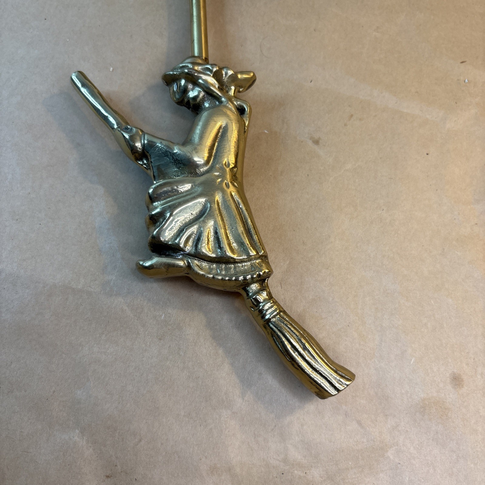 Vintage Brass Witch on Broomstick Fireplace Damper Hook 12” T