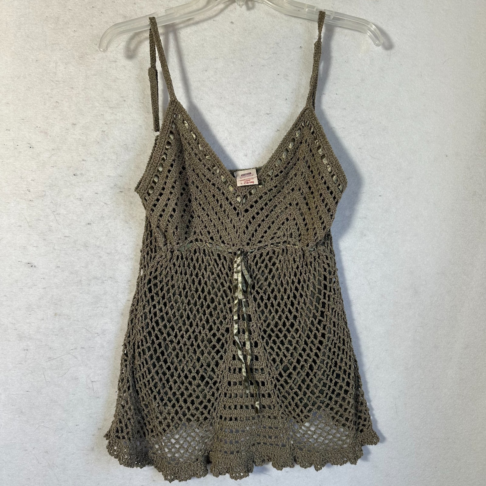 Tank top women L Babydoll Crochet  army green silk Y2K Boho Festival Fairy-image