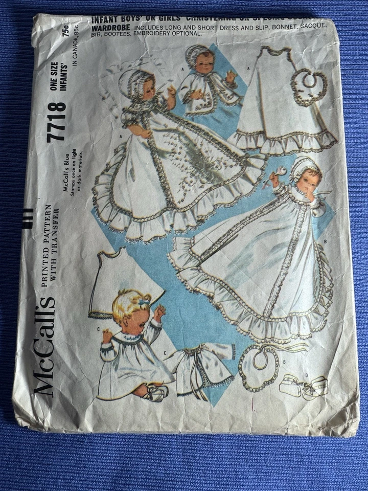 Vestido infantil McCall's 7718 Layette patrón bautizo gorra sin cordones capó de colección 1965 Foto 2 de 4