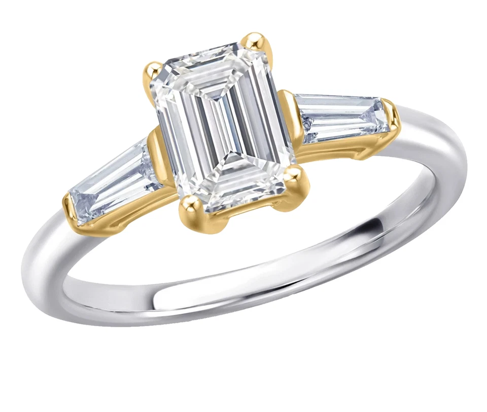 Anillo de compromiso de diamantes cultivados en laboratorio corte esmeralda central de 1,00 quilates de oro de dos tonos de 10 k Foto 3 de 4