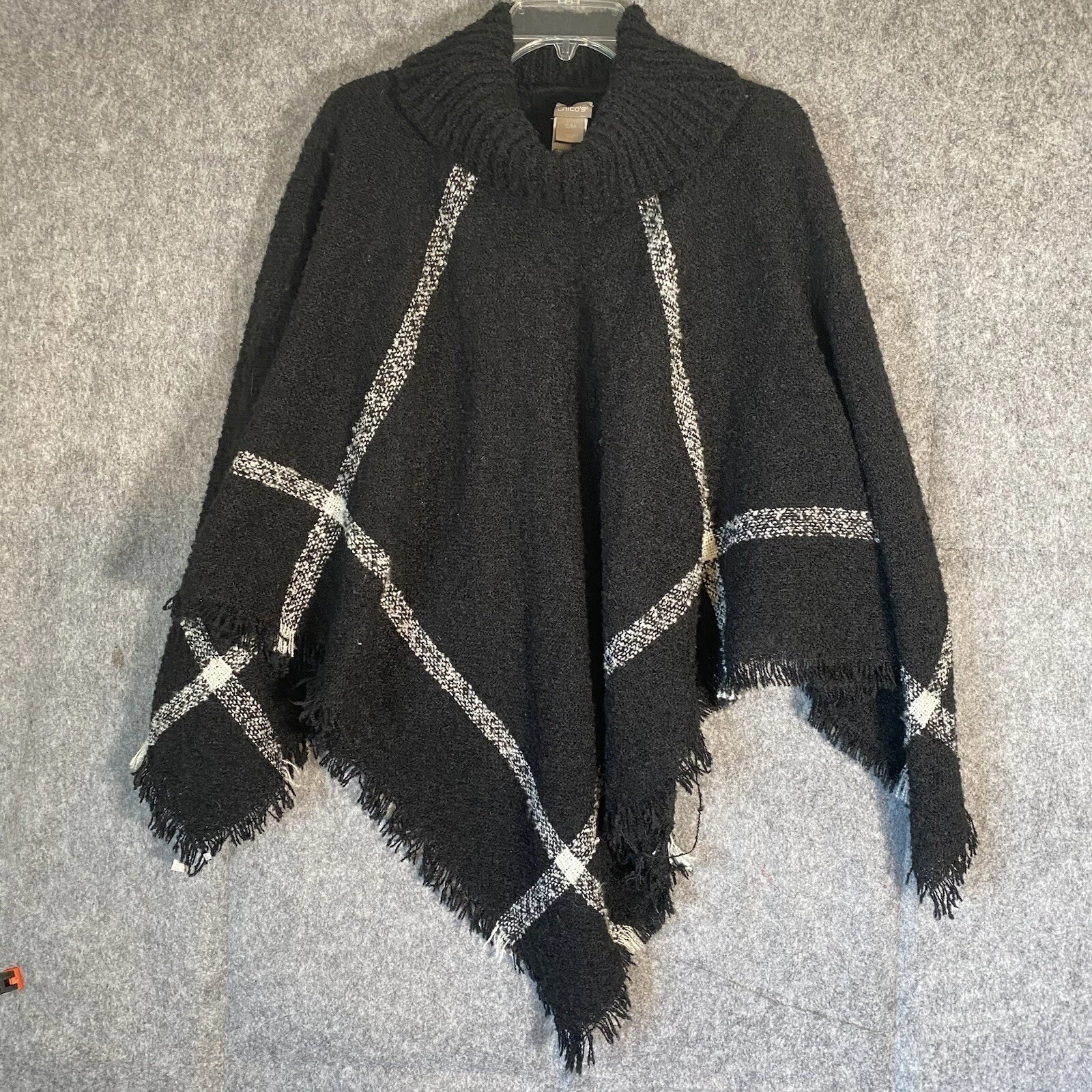 CHICO'S Poncho Sweater Size S/M Lagenlook Boho Fringe Plaid Shawl Kimono Mature